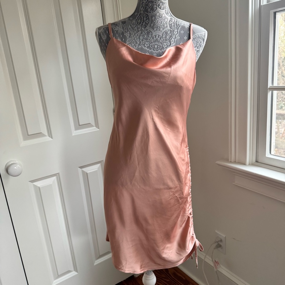 Vintage Satin Slip Dress Cowl-neck & Side Ruching 
Size L Fairycore Coquette